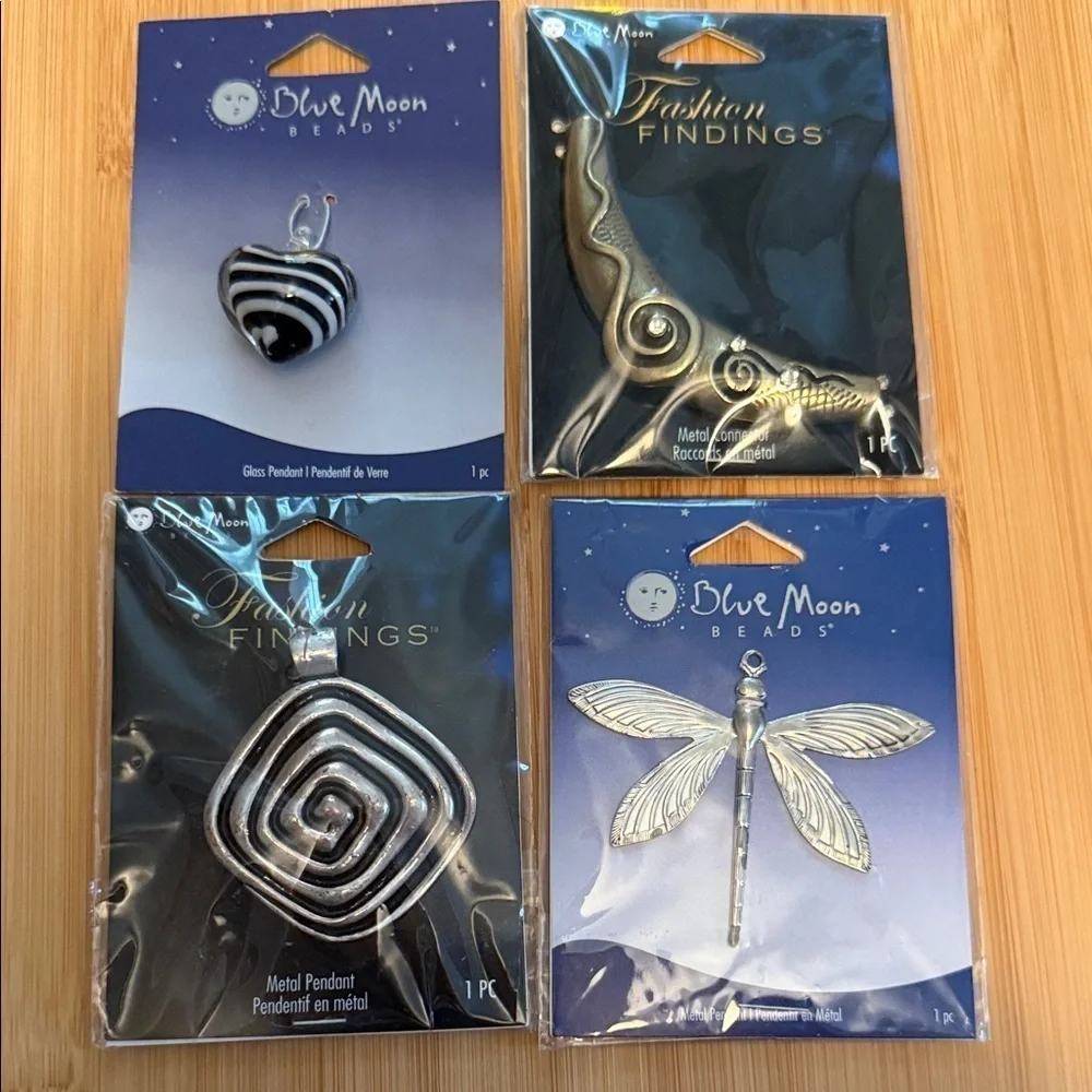 NWT Blue Moon 3 Metal and 1 Glass Jewelry Making Pendants
